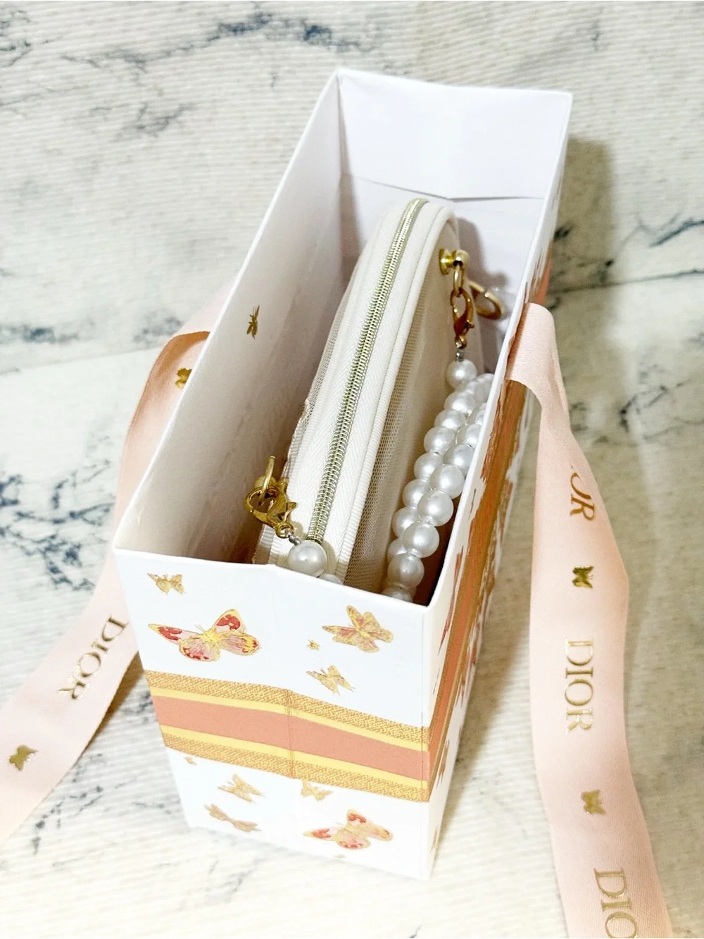 Dior Beauty Butterfly Floral Embroidered Mesh Pouch with Pearl Strap & Gift Bag